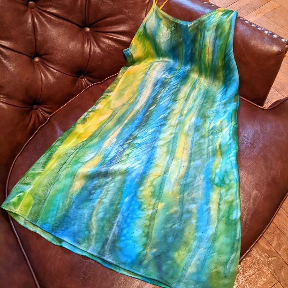 Handpainted Charmeuse satin Dress. Original. One of a kind Art Boho - Picture 8 of 15